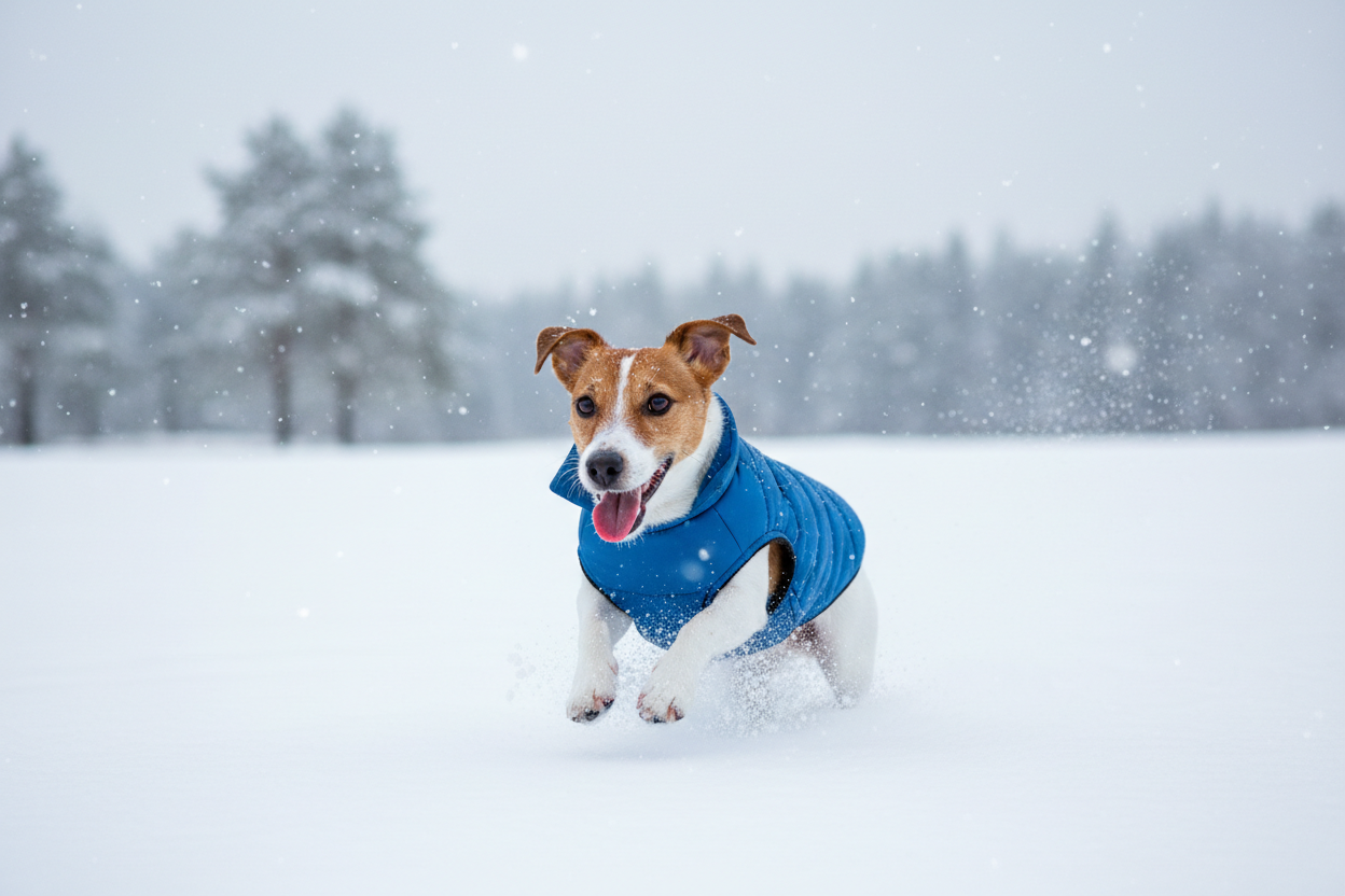 Jacj russel con cappottina imbottita blu sulla neve